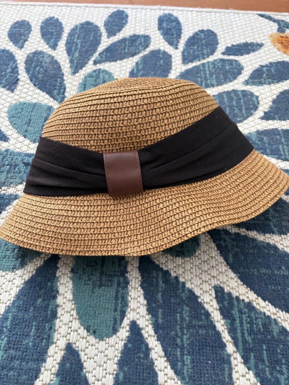 Target Tan Straw Cloche Hat with Black Band and Brown Leather Accent